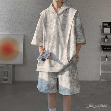 【夏季上新】紮染短袖T恤套裝男生酷帥穿搭一整套大碼男裝兩件套夏季潮牌短褲 VUZB