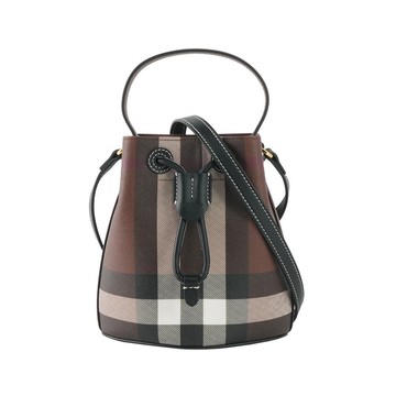 BURBERRY TB 格紋帆布拼皮革迷你水桶包(暗樺木棕色)