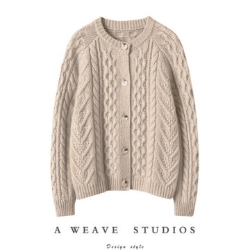 超重工加厚巨厚實純山羊絨女開衫全身絞花圓領外套毛衣針織衫