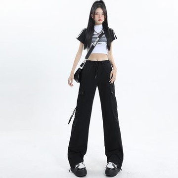 美式黑色工裝褲女夏天2023新款夏小個子夏季薄款高腰闊腿運動褲子