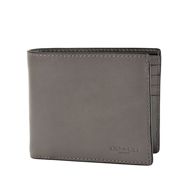 COACH 男款 滑面皮革壓印LOGO短夾-灰色/附證件夾