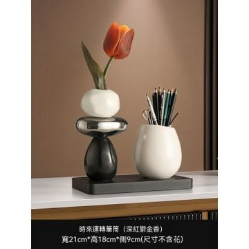 輕奢高檔石來運轉收納筆筒擺件 玄關辦公室桌面花瓶裝飾品