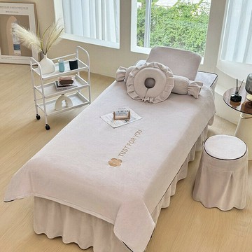 高檔美容床罩四件套高感牛奶絨理療按摩采耳床罩床單logo印制批發