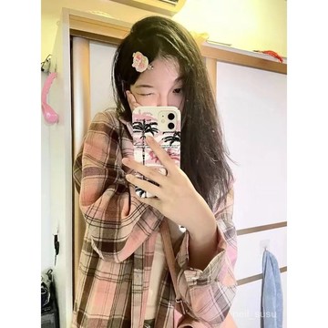 P3-【限時特賣】 襯衫女 女生襯衫 襯衫外套 防曬外套 韓版襯衫 2024新款甜辣復古粉色格子襯衫女設計感小眾寬鬆防曬