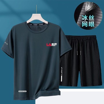 【夏季】【2件套】100公斤大碼 短袖T恤套裝+短褲 男運動休閒兩件套健身跑步訓練透氣冰絲涼感彈力短袖套裝