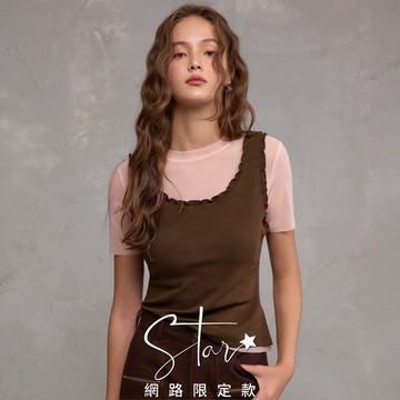 STAR 假兩件式網布花邊彈力坑條造型上衣