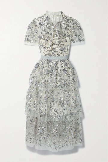 Self-Portrait - Grosgrain-trimmed Tiered Sequined Tulle Midi Dress - Silver - UK 6
