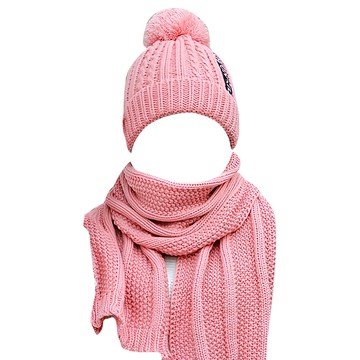 捷華 純色布標毛帽二件組-粉色 柔軟舒適毛線材質 時尚百搭 一次擁有完整保暖造型  1入  均碼