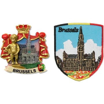 造型布貼＋磁鐵【2件組】 比利時布魯塞爾 尿尿小童白板磁鐵＋根特布藝徽章 黑板磁鐵 冰箱磁鐵 旅遊磁鐵 紀念磁鐵 _廠商直送