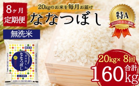 北海道 定期便 8ヵ月連続8回 令和5年産 ななつぼし 無洗米 5kg×4袋 特A 米 白米 ご飯 お米 ごはん 国産 ブランド米 時短 便利 常温 お取り寄せ 産地直送 送料無料