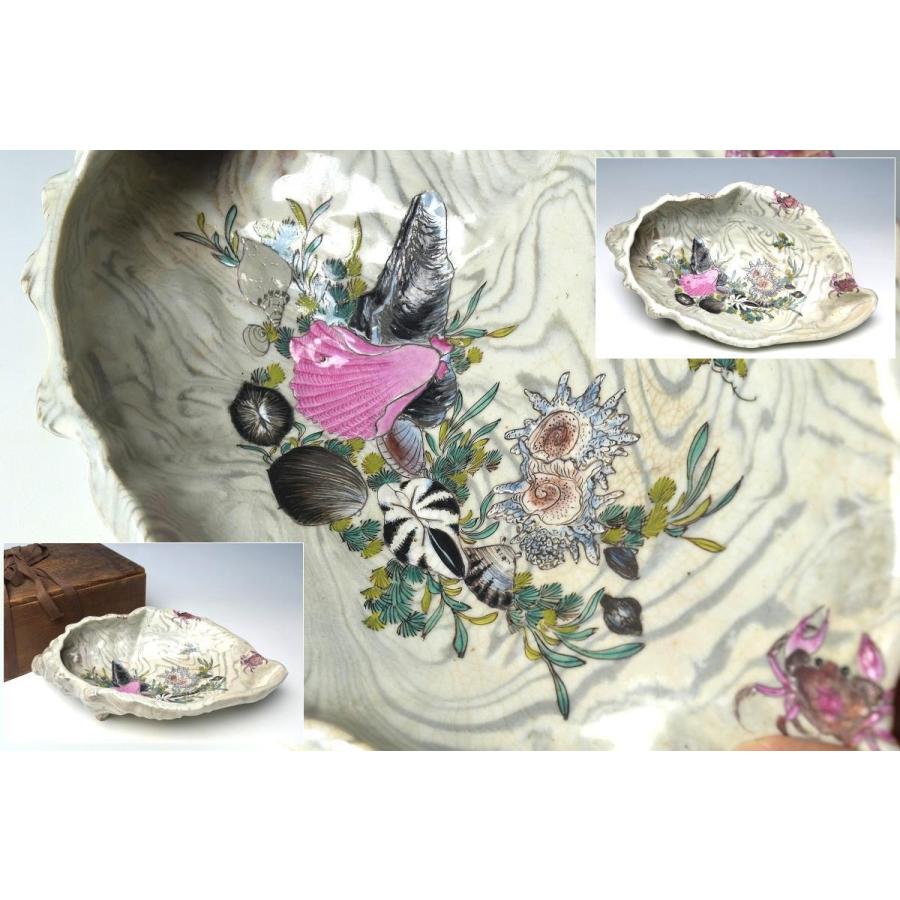  希少　江戸時代　萬古焼　貝型貝に蟹図飾り鉢　幅２９ｃｍ　本物保証　J1291