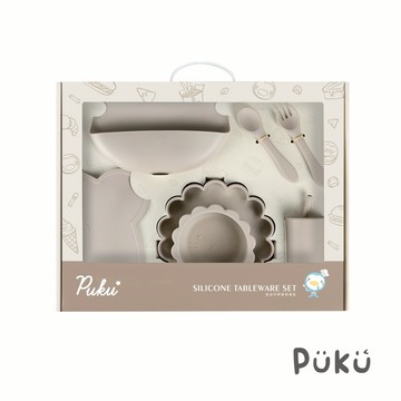 【PUKU】蒔蘿鉑金矽膠餐具禮盒7件組-松花杏 │周歲禮、生日禮盒、餐盤組│