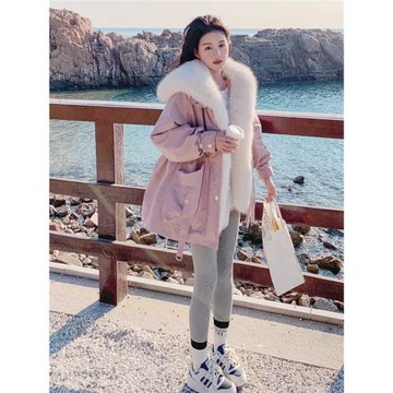 大毛領粉色派克服女冬季加絨加厚2025新款收腰韓系溫柔風棉服棉衣