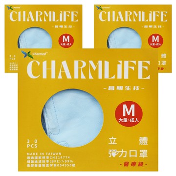 Charmed 昌明生技 守護成人立體口罩 M(125 x 85mm) 成人 大童用 30片  天空藍  3盒
