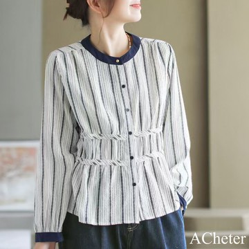 【ACheter】全棉豎條紋撞色長袖襯衫寬鬆圓領法式氣質短版上衣# 123532(現貨+預購)