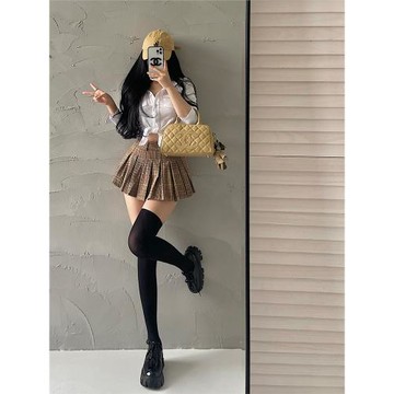 YoungGirlDay純欲性感單排扣長袖襯衫上衣低腰格紋百褶裙短裙套裝