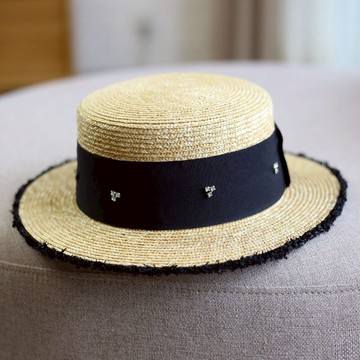 麥稈平頂平檐草帽韓版百搭夏天帽子女 縫鉆毛邊休閑禮帽遮陽草帽1入