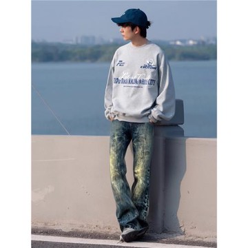 高街美式水洗做舊微喇牛仔褲男復古潮牌寬松直筒休閑褲子男款春季