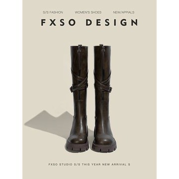 真皮FXSO方巷2025冬季新款長靴子高筒厚底氣質加絨騎士長筒靴女款