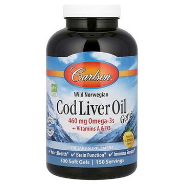Carlson, Wild Norwegian，Cod Liver Oil Gems，天然檸檬味，460 毫克，300 粒軟凝膠（每粒軟凝膠 230 毫克）