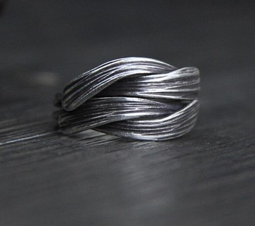 真正的 S999 純銀手工拉絲編織女士指環泰國銀黑色