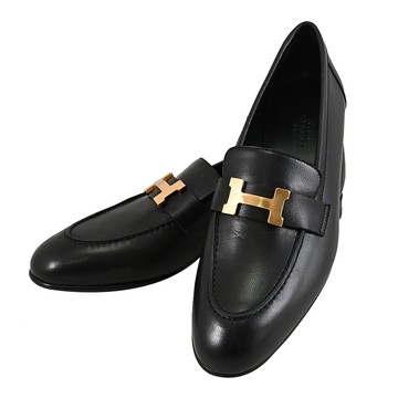 HERMES Paris loafer 經典H飾山羊皮樂福鞋.黑/玫瑰金 37號