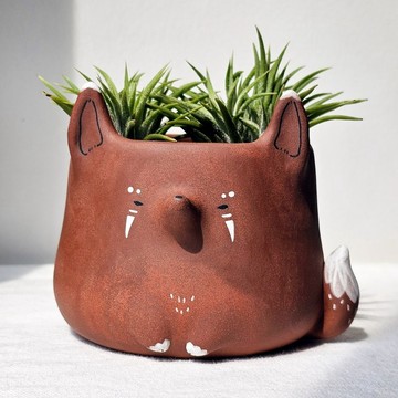 Dark brown tribal fox planter. Handmade clay plant pot.