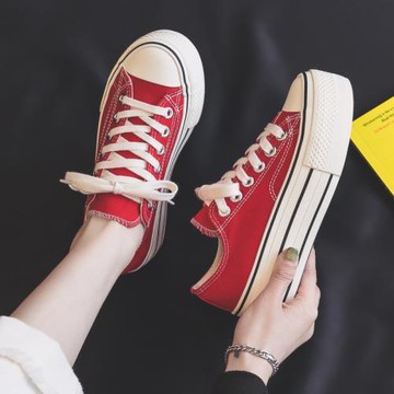 松糕厚底5CM中國紅帆布鞋女春款板鞋子女生百搭小白鞋女2024新款