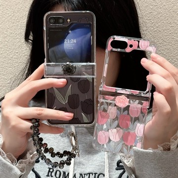 旋轉花朵 粉黑鬱金香 三星 z flip7 flip6 flip5 flip4 3 6 7 手機殼 鉸鏈全包 防摔 折疊