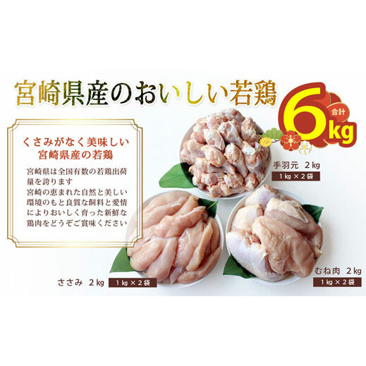 宮崎県産若鶏むね、ささみ、手羽元セット 各2kg 合計6kg