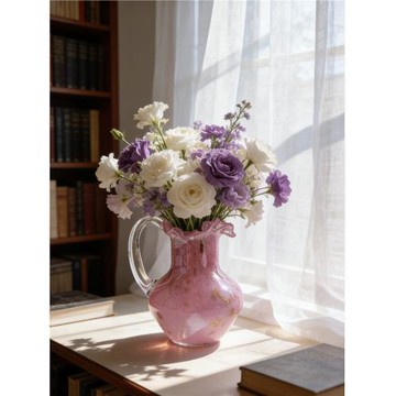 復古芬頓手工單耳褶皺花邊壺口氣泡金粉色琉璃花瓶水養插花器擺件