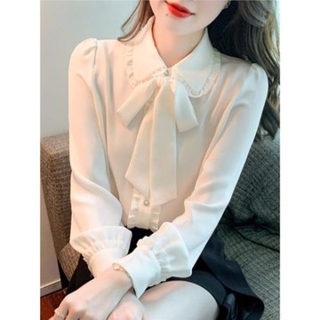 米白色雪紡襯衫女士春秋裝2025新款設計感小眾系帶蝴蝶結長袖上衣
