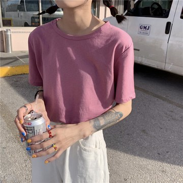時尚百搭純色女上衣夏季基礎圓領短袖T恤寬松休閑棉麻打底衫1入