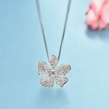 仿鉆石花朵吊墜925純銀鍍白金滿鑲鉆石吊墜大花吊墜女