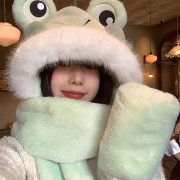 甜美多巴胺青蛙帽字圍巾一體女冬季戶外出遊逛街加絨保暖三件套