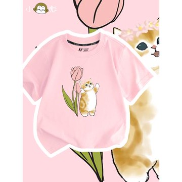 一起去花園玩吧貓貓與花短袖t恤衫男女大中小兒童裝學生寶寶半袖