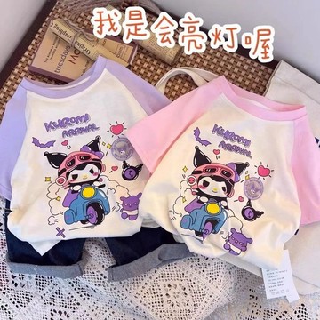 mori🎀mori女童夏裝短袖T恤新款網紅卡通亮燈庫洛米可愛衣服兒童裝t恤