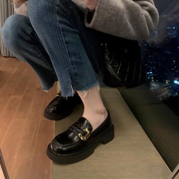 舒適好穿~2025新款英倫樂福小皮鞋女復古金扣厚底粗跟真皮單鞋女