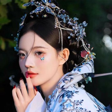 新娘頭飾森系婚禮超仙藍色水晶發夾耳環套裝配飾手工編織滿天星發