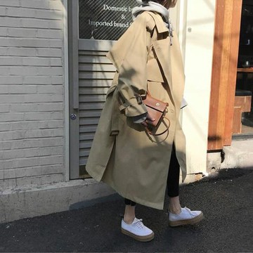 2024春秋新款韓版雙排扣寬松中長款風衣女收腰系帶卡其色大衣外套