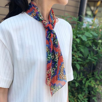 Ballett 時尚雪紡迷你圍巾，獨特民族圖案橙日本製造 可在家水洗