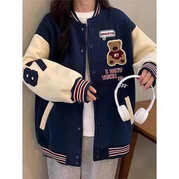 復古小熊外套女款秋冬加厚2025新款ins學生寬松美式棒球服小個子