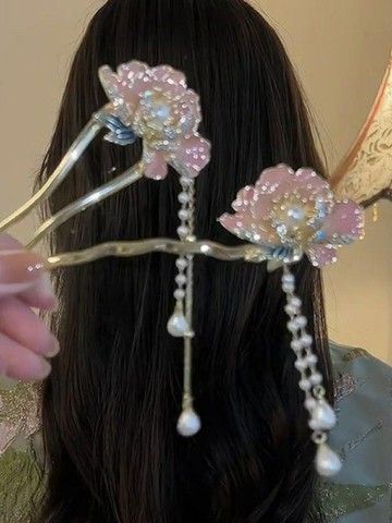 高級感國色天香琺瑯彩國風牡丹花U形發簪新中式盤發簪子古風發飾