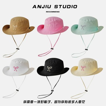 日系速干戶外登山帽女夏款2024新款可愛少女學生蝴蝶結印花漁夫帽