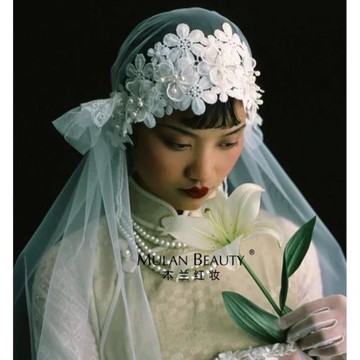法式復古民國風蕾絲花帽式包頭攝影造型拍照樣片發飾新娘頭紗白色