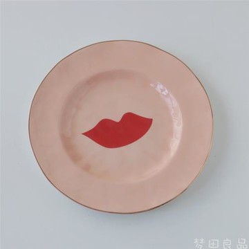 【夢田良品】創意浪漫粉色紅唇描金手捏感陶瓷甜品盤水果盤裝飾盤
