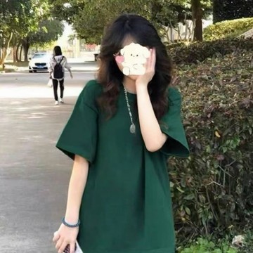 短袖 上衣 T恤 寬鬆T恤 美式純棉多巴胺袖t恤女夏季新款墨綠色寬鬆oversize百搭上衣