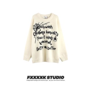 FXK原創 美式高街亞比風蜘蛛刺繡提花針織衫寬松情侶水貂毛毛衣