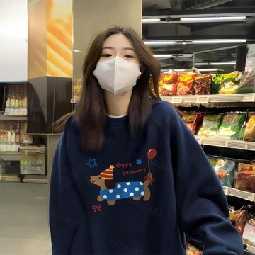 現貨！【隔日到貨】韓系大學t 卡通小狗印花衛衣 內刷毛保暖長袖上衣女 韓版寬鬆大尺碼女裝 下半身失蹤上衣 舒適無帽帽t
