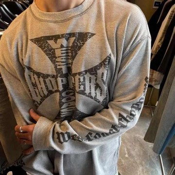 大碼男裝潮牌華夫格面料男士休閒美式VIBE風長袖T卹打底衫秋